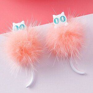 Furry White & Pink Cat Earrings Green Eyes~Resin~ADORABLE!!!!